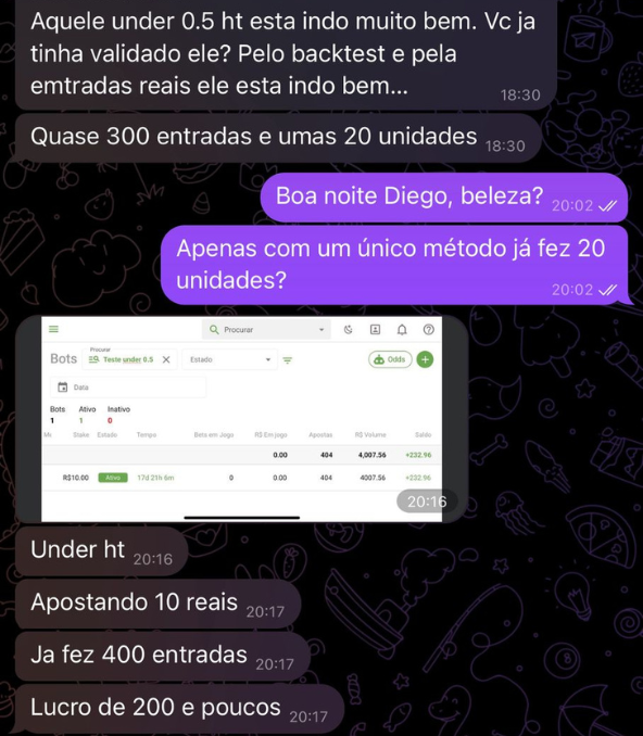 Painel de bots ativos com resultados e saldo positivo