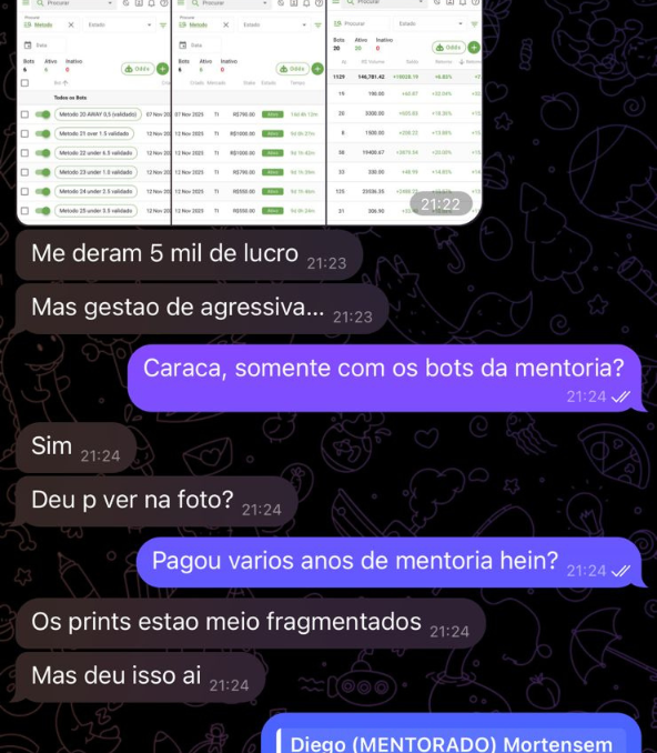Aluno relatando 20 stakes de lucro seguidas com os bots