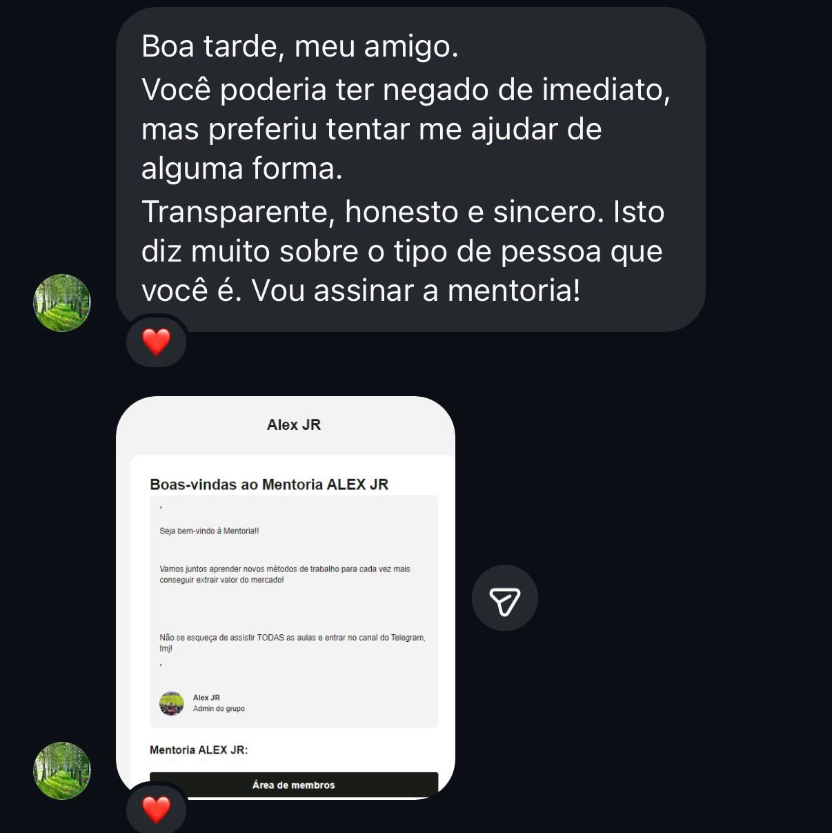 Depoimento de aluno decidindo assinar a mentoria após tirar dúvidas