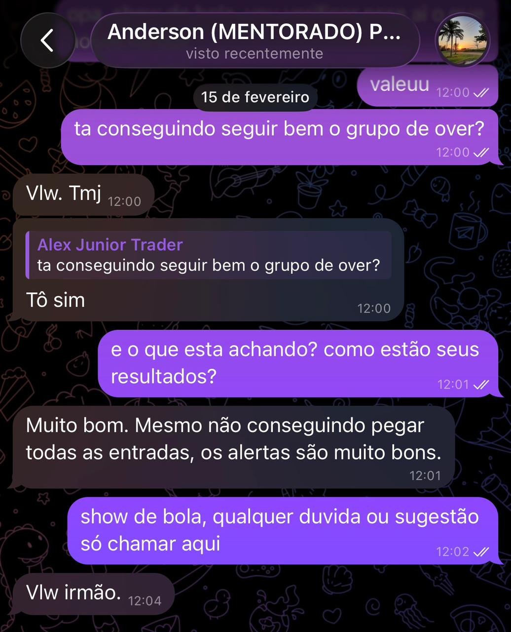 Aluno elogiando a mentoria e mostrando o ROI positivo obtido com os bots