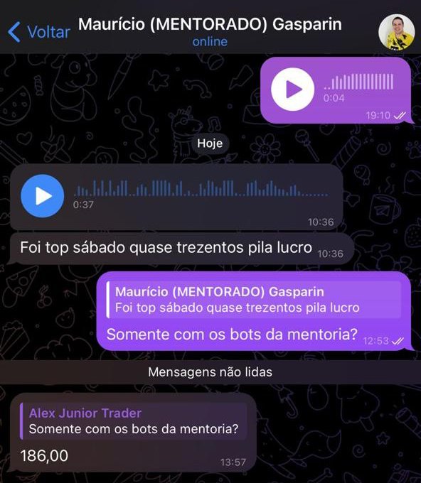 Aluno relatando lucro de quase trezentos apenas com os bots da mentoria