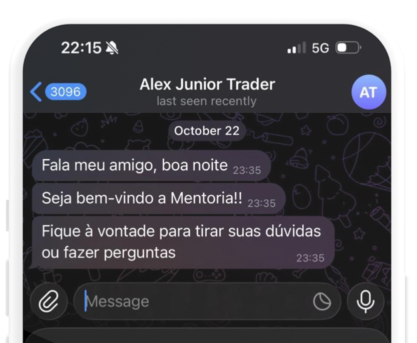 Conversa no Telegram com Alex Junior Trader dando boas vindas e se colocando a disposição para dúvidas
